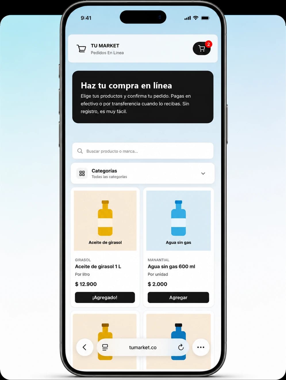 El escaparate de un market visto en un celular: la barra con la marca y el carrito, el buscador y las tarjetas de producto con su precio y su botón de agregar.